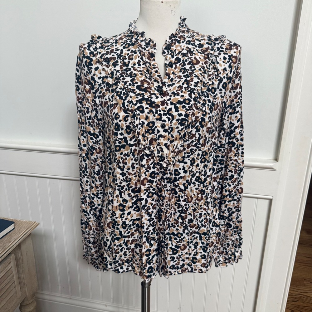 Maeve Anthropologie Leopard Print Ruffle Blouse Womens Size 8 Brown Black Button